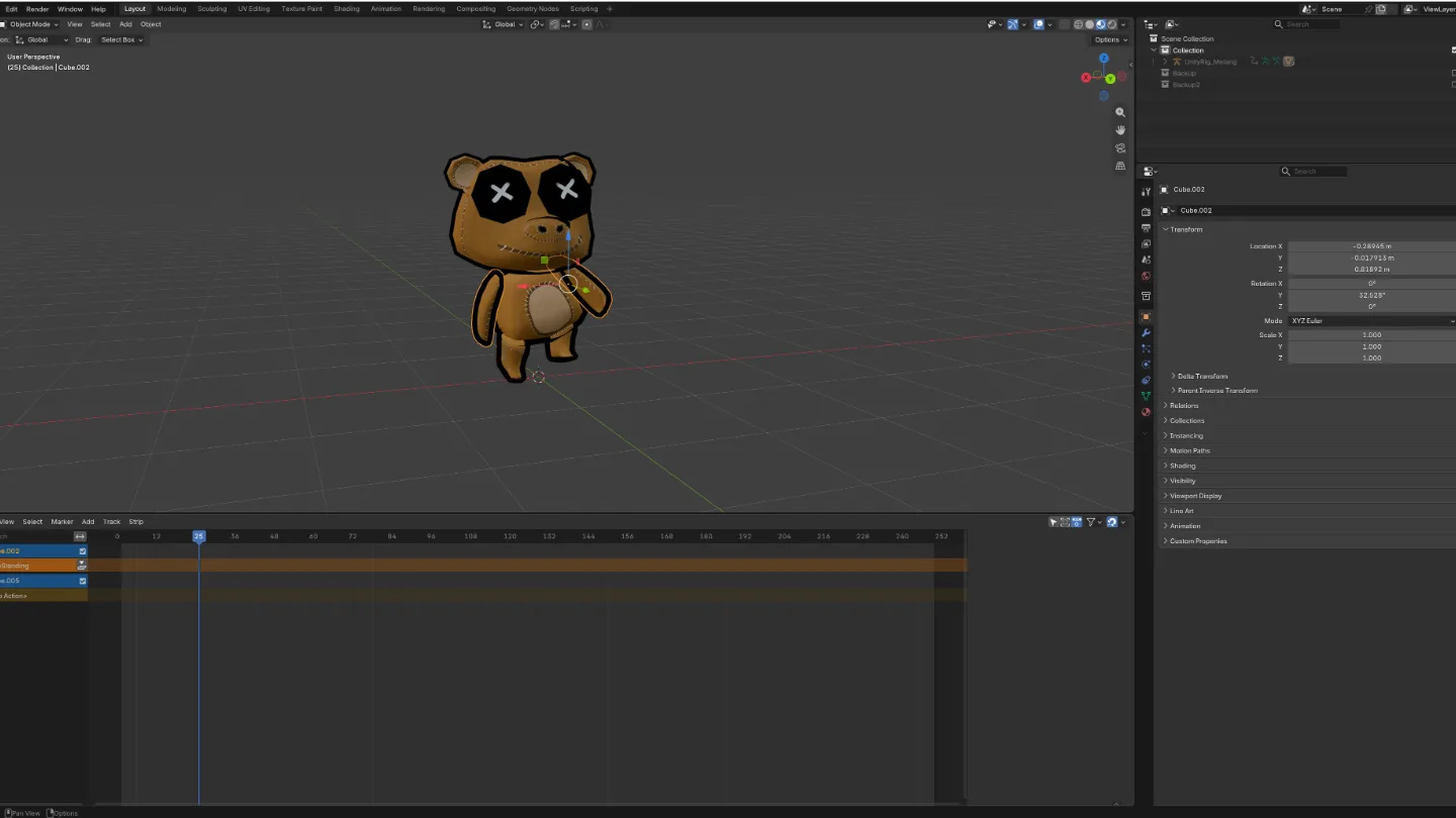 A stitched teddy bear character rigged and animated in Blender.