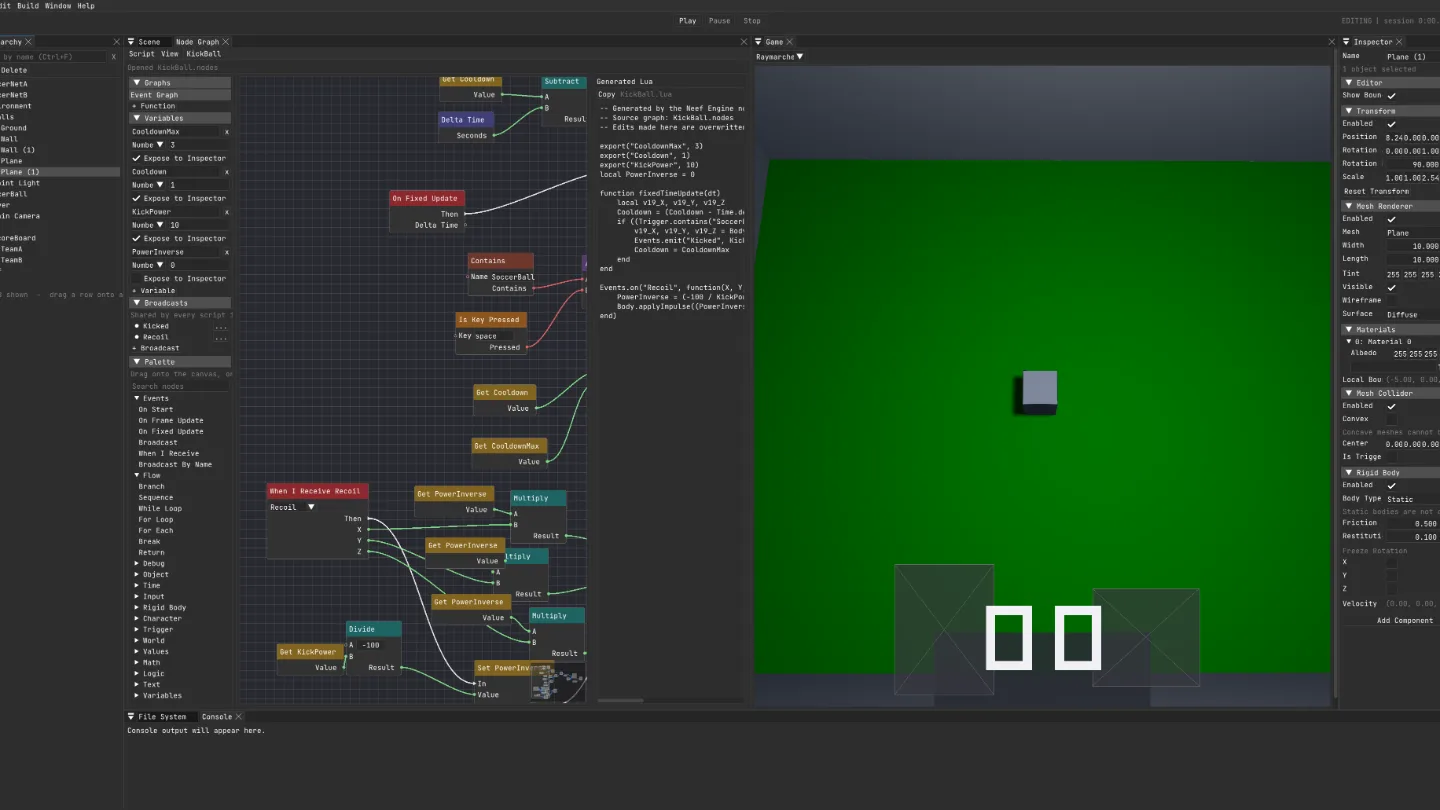 The Neef Engine node graph editor beside the Lua source it generates.
